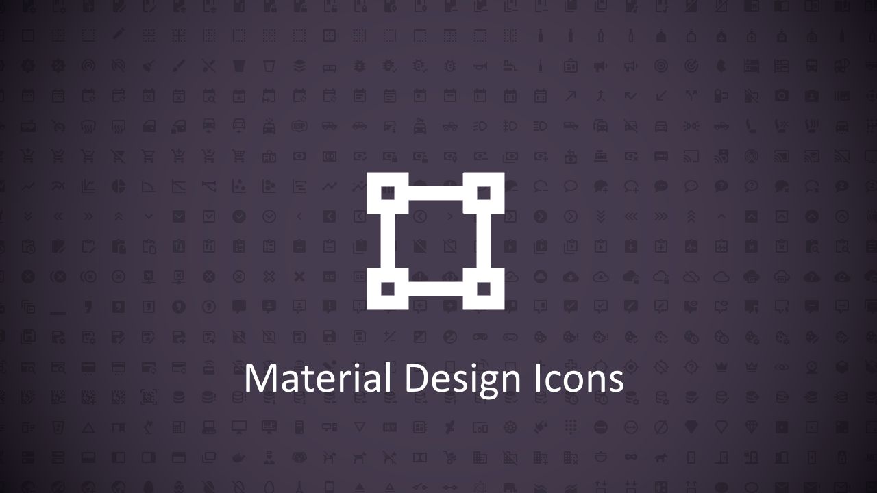 The Material Design Icons logo positioned in the center and on top of a selection of icons which are aranged in a grid pattern in the background.